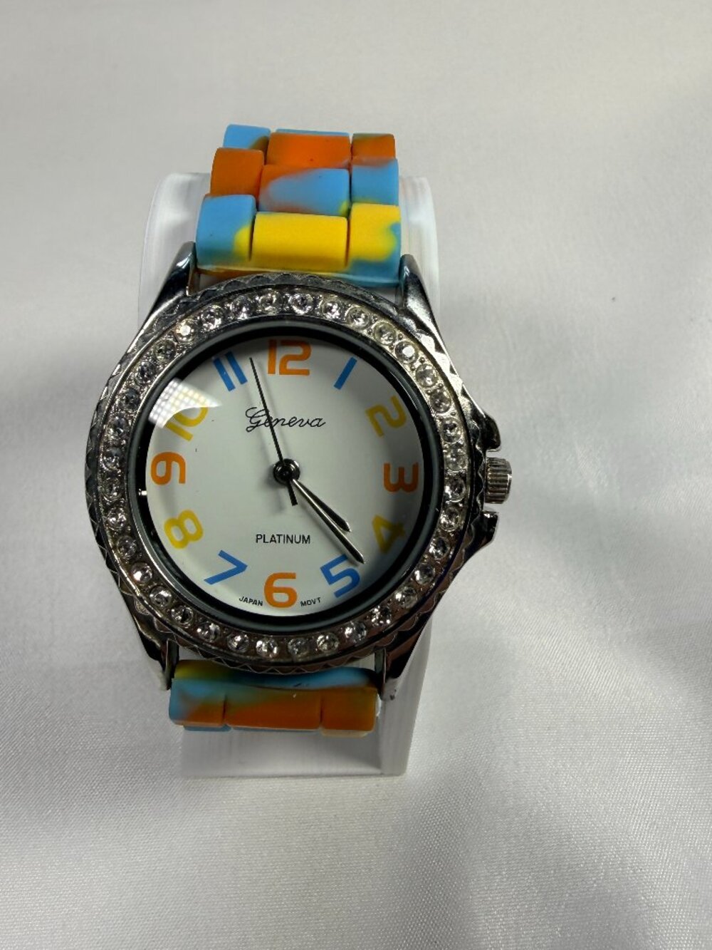 Geneva Platinum Women's Watch Rhinestone 38mm Bezel Rainbow Band New Battery